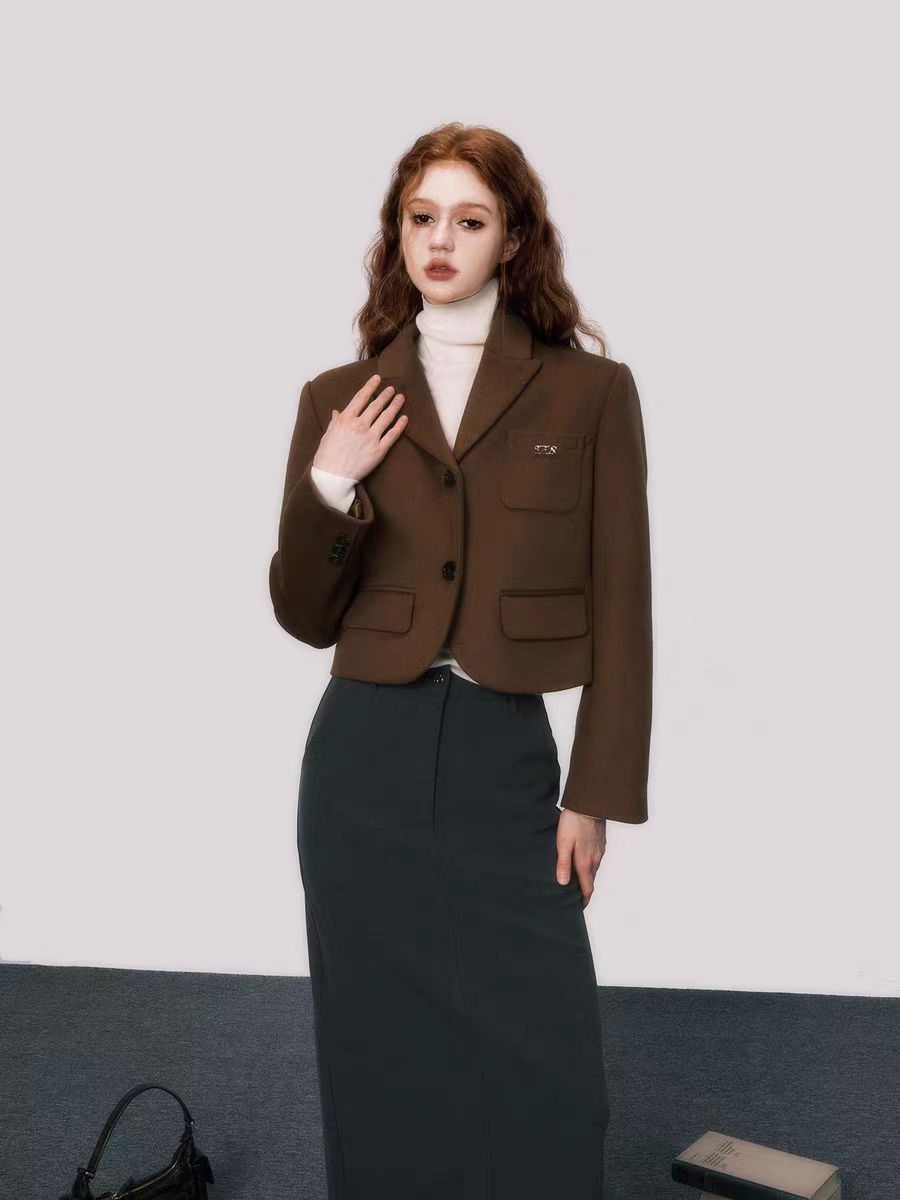 Autumn Maillard Retro Brown Short Wool Suit Jacket Women