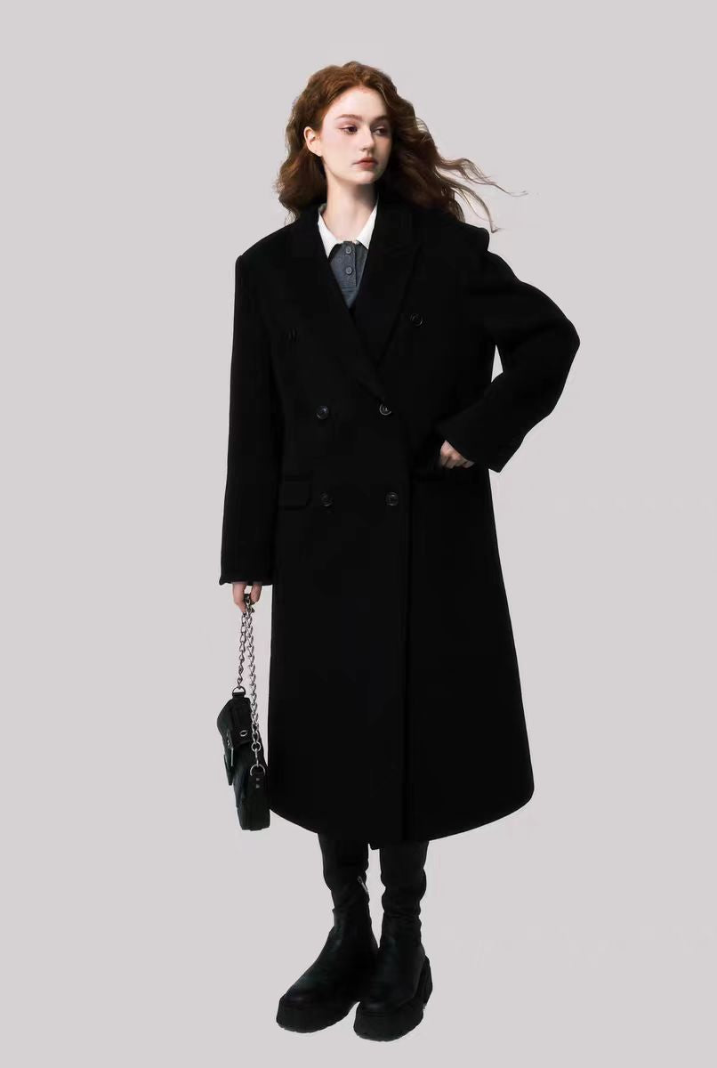 Slim version shoulder pad double-breasted elegant wool coat women's neat and wide long coat