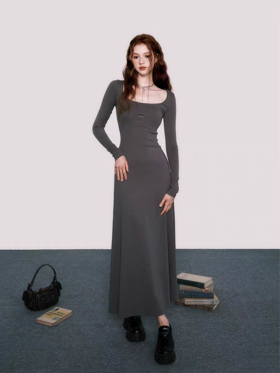 Cool feeling long sleeve knitted large square collar dress black slim long dress women autumn