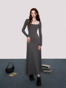 Cool feeling long sleeve knitted large square collar dress black slim long dress women autumn