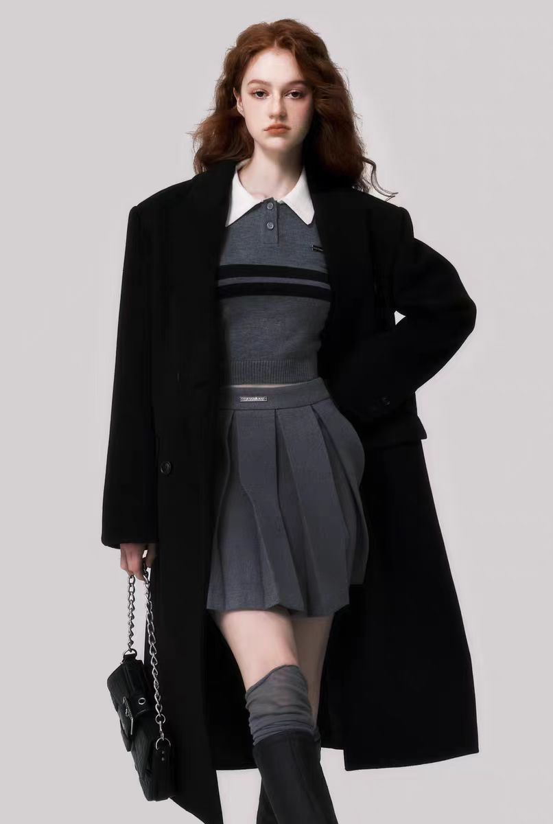 Slim version shoulder pad double-breasted elegant wool coat women's neat and wide long coat