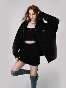 Cotton retro American high street hooded velvet sweater jacket + short skirt set