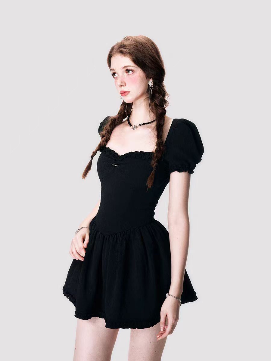 French black square-neck puff-sleeved dress for women, summer short, sweet and cool princess dress