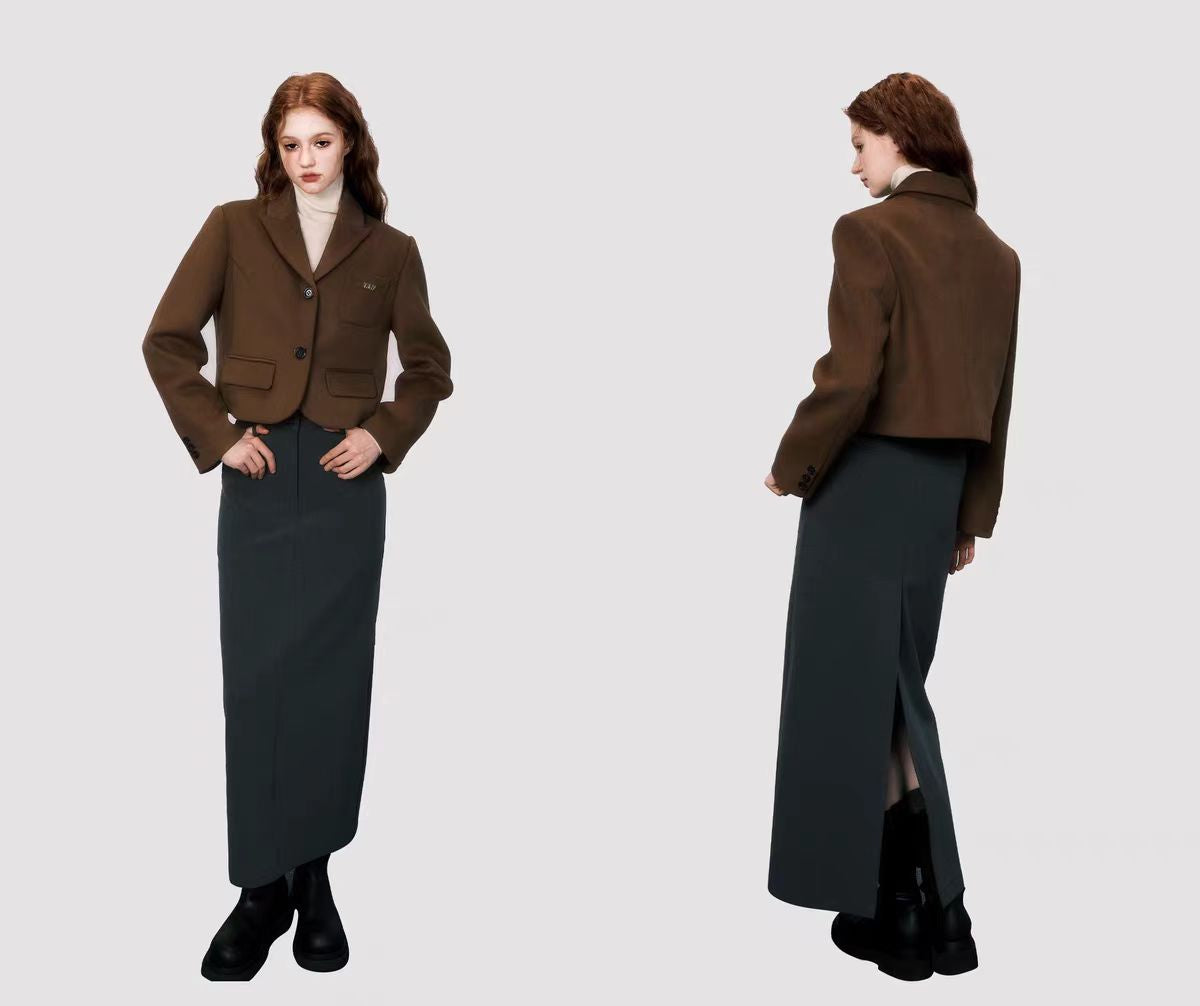 Autumn Maillard Retro Brown Short Wool Suit Jacket Women