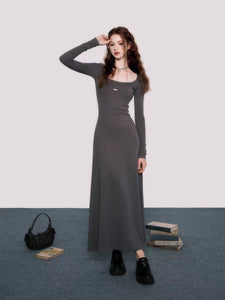 Cool feeling long sleeve knitted large square collar dress black slim long dress women autumn