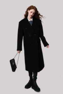 Slim version shoulder pad double-breasted elegant wool coat women's neat and wide long coat