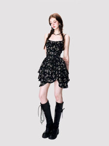 Dark pure desire style waist irregular floral skirt suspender dress women summer