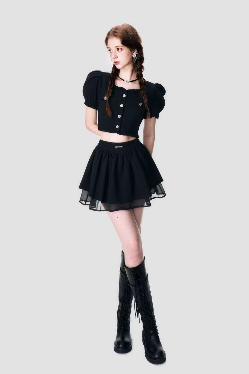 Summer limited French style Chanel style suit skirt women summer black short puffy skirt