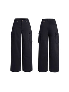 90s retro street style black mid-low waist cotton workwear casual pants loose trousers for women