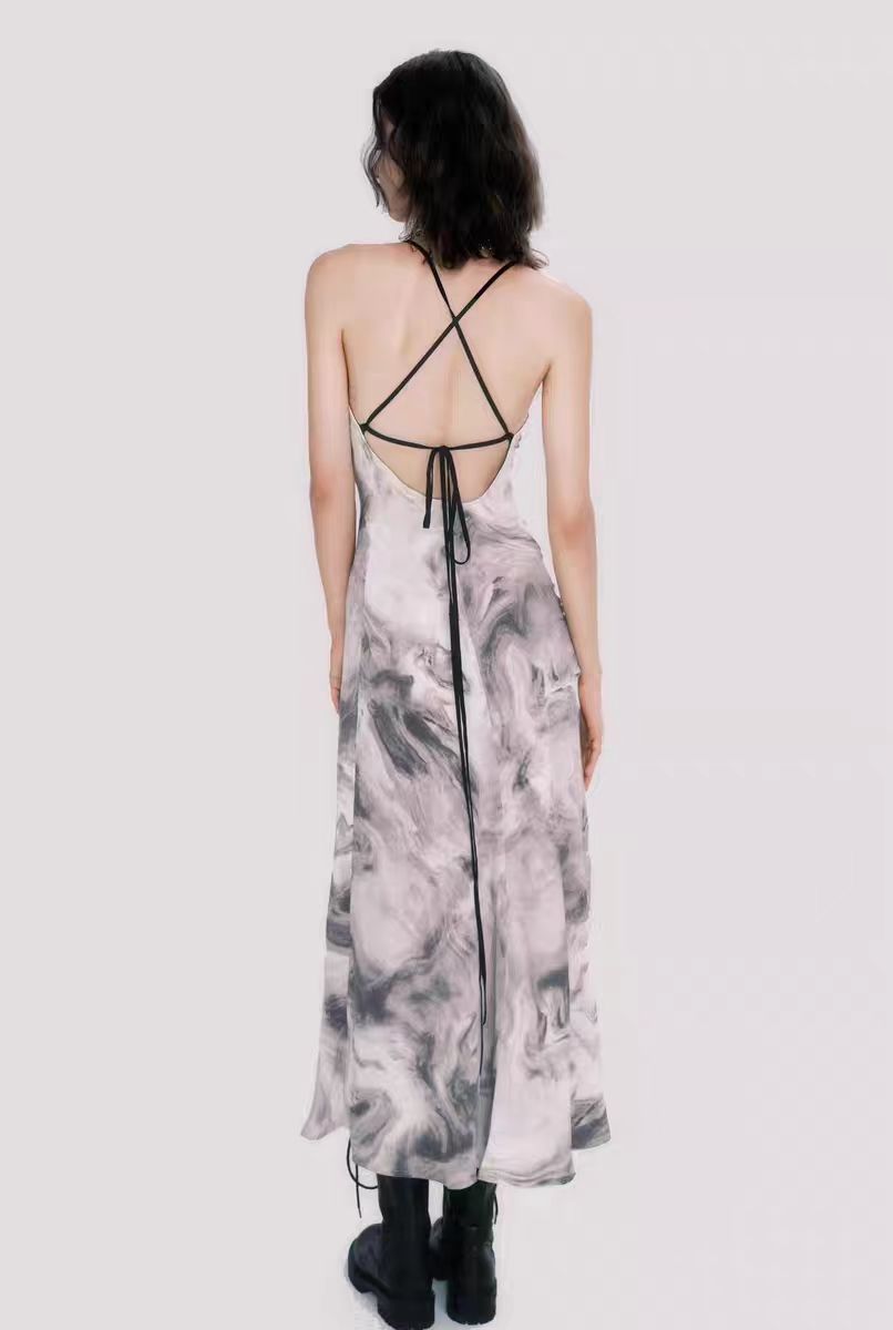 Chinese style ink painting new Chinese style swing collar sling backless long dress