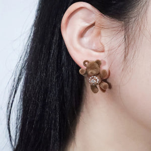 Brown Bear Flocking Silver Earrings