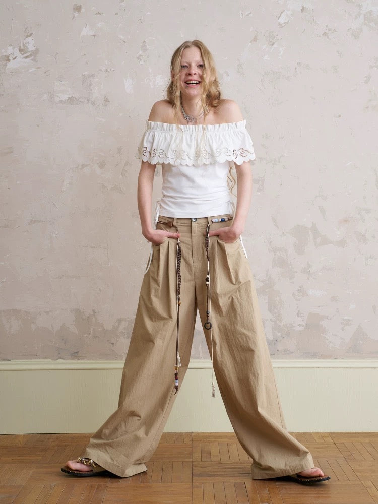 Lazy Loose Beaded Wide Leg Pants