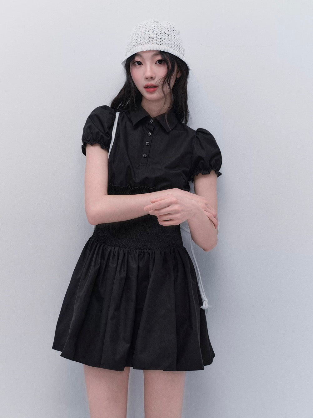 Black Bubble-Sleeve Shirt Skirt