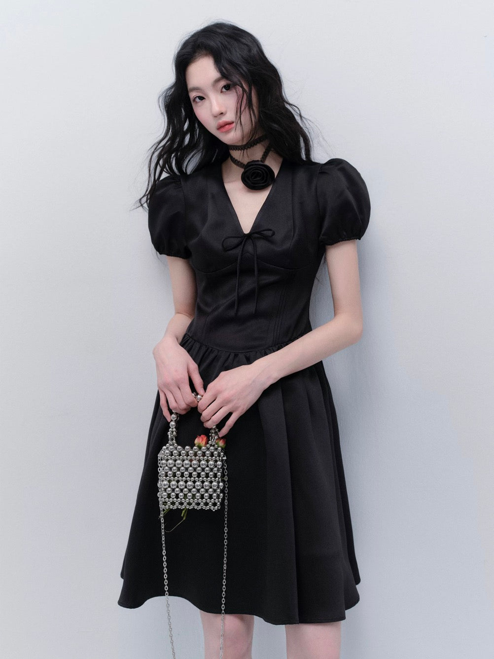 V-Neck Bubble-Sleeve Evening Dress