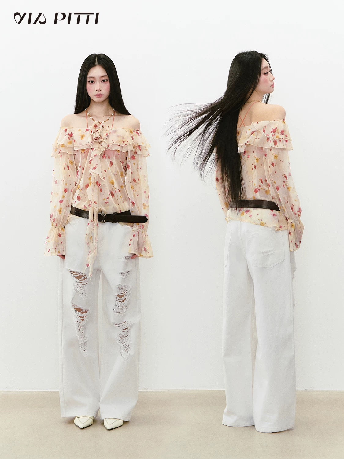 Summer Floral Pleated Long-Sleeved Top