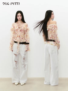 Summer Floral Pleated Long-Sleeved Top