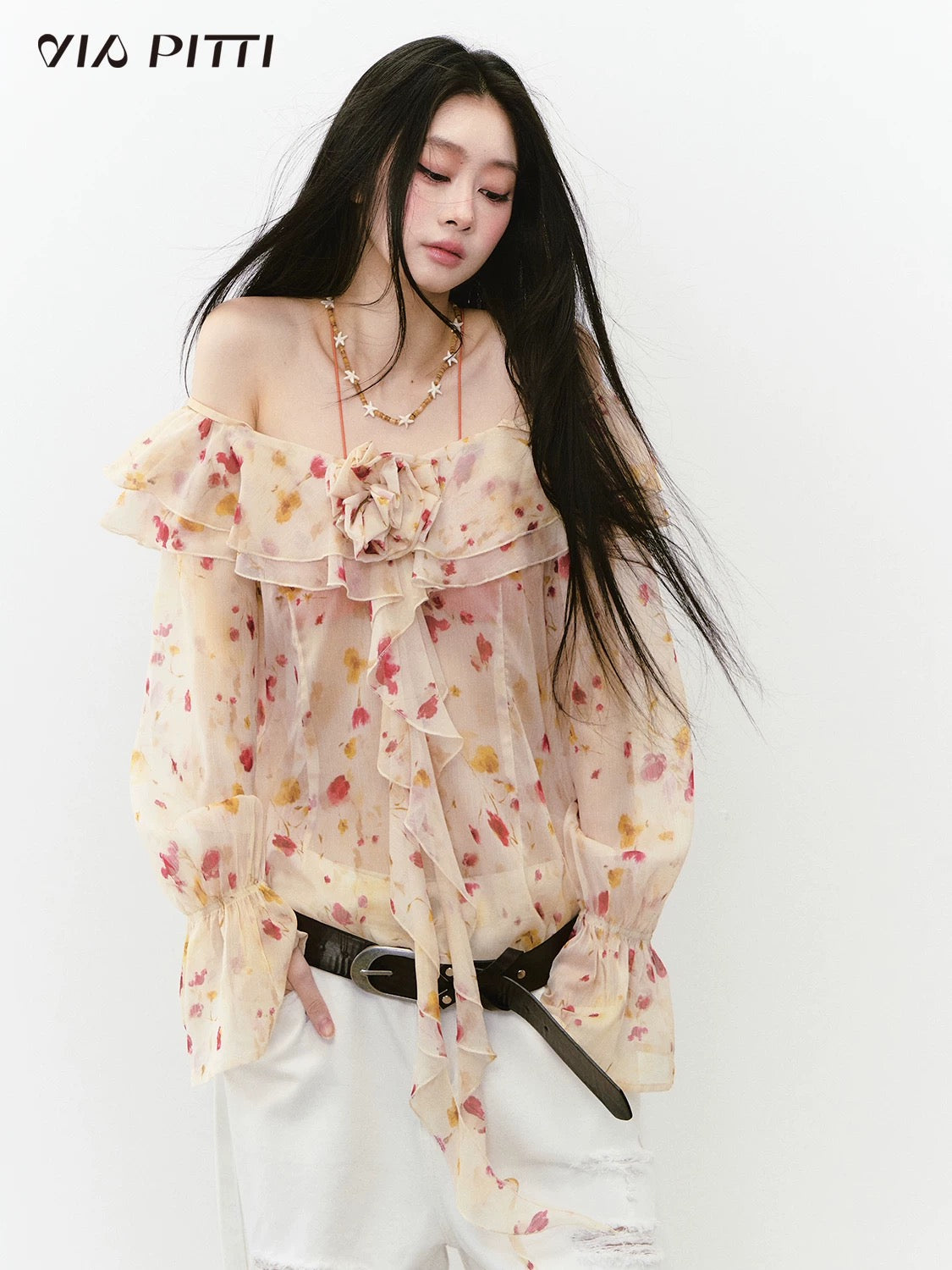 Summer Floral Pleated Long-Sleeved Top
