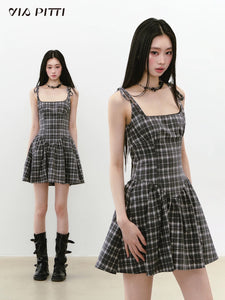Designed Plaid Suspender Dress