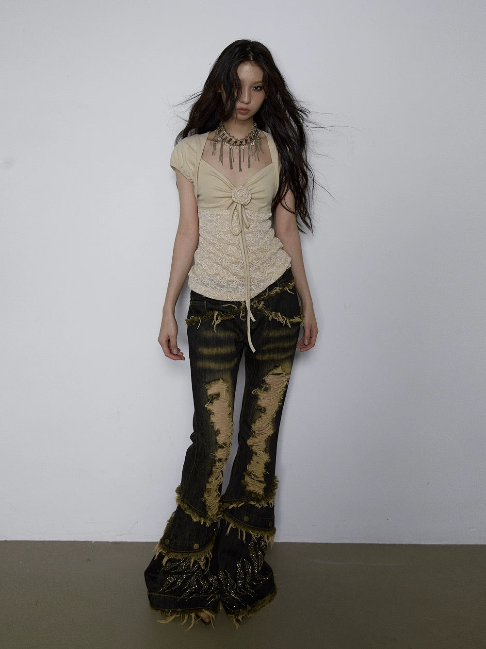 Splicing Lace Knitted Bubble-Sleeve Top