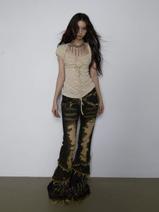 Splicing Lace Knitted Bubble-Sleeve Top