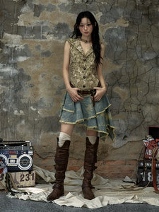 Splicing Sleeveless Denim Irregular Dress