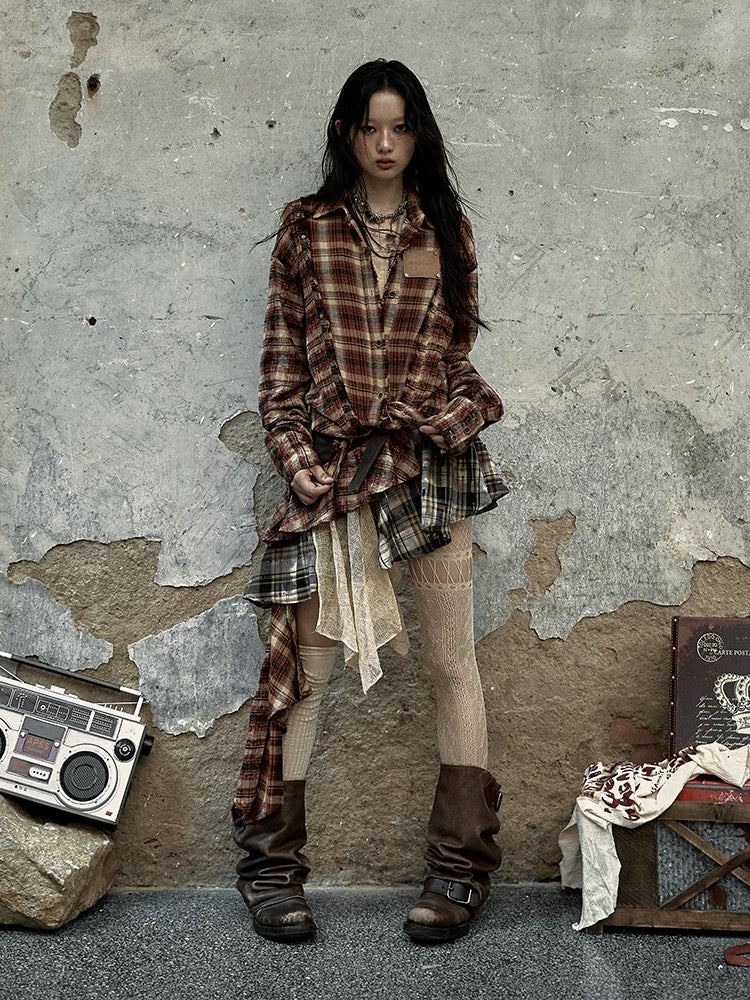 Splicing Plaid Irregular Skirt