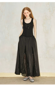 lace suspenders with inserts and bow embroidered dress