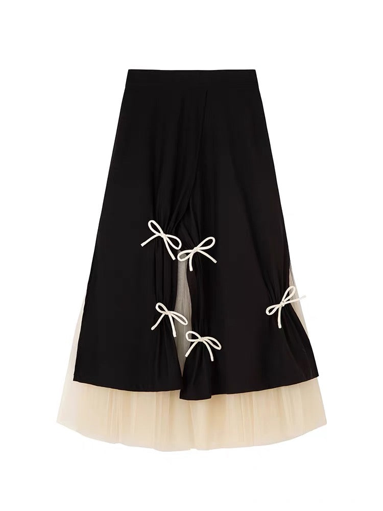 Curtain-style contrasting bow-knot tulle skirt