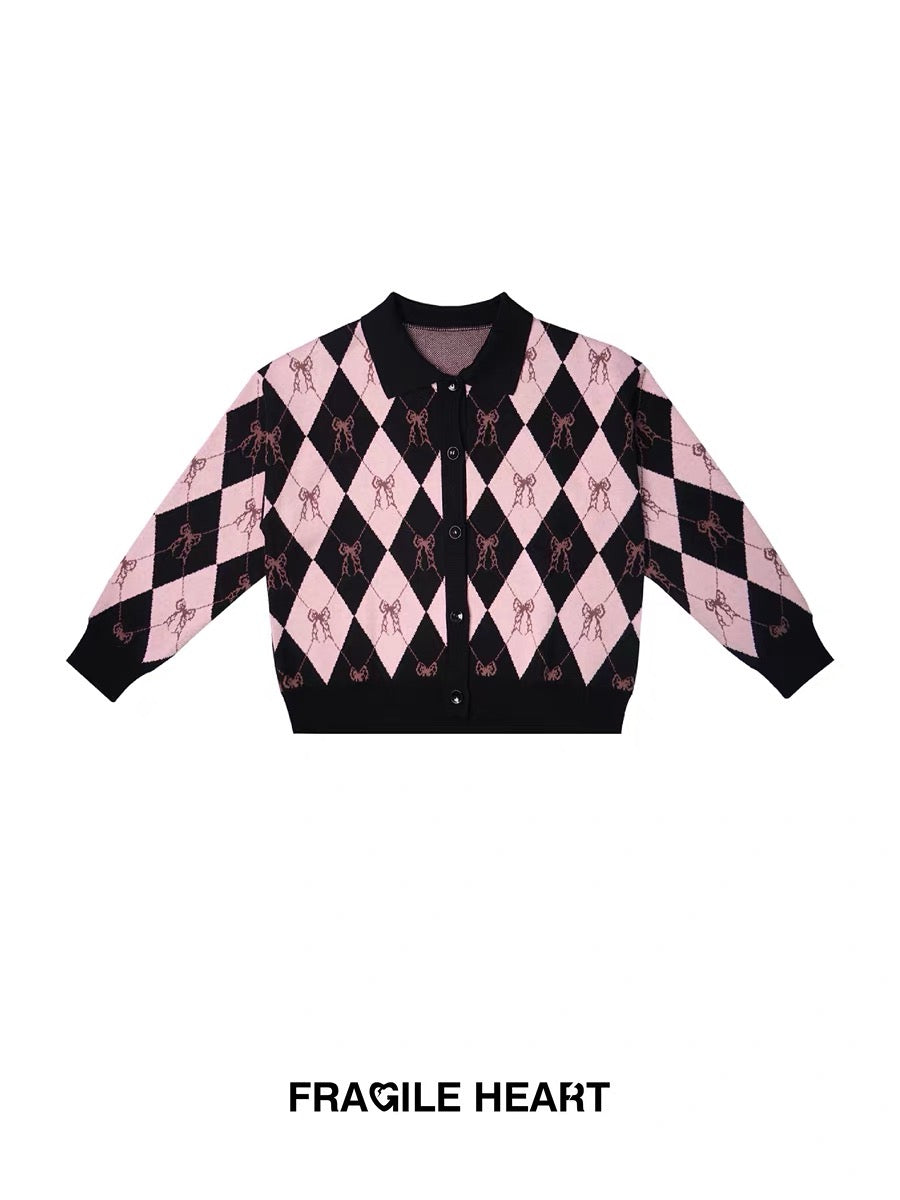 "BlackPink" Style Bows design Knitted Jacket POLO Collar / Y2k