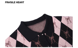 "BlackPink" Style Bows design Knitted Jacket POLO Collar / Y2k