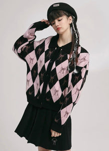 "BlackPink" Style Bows design Knitted Jacket POLO Collar / Y2k