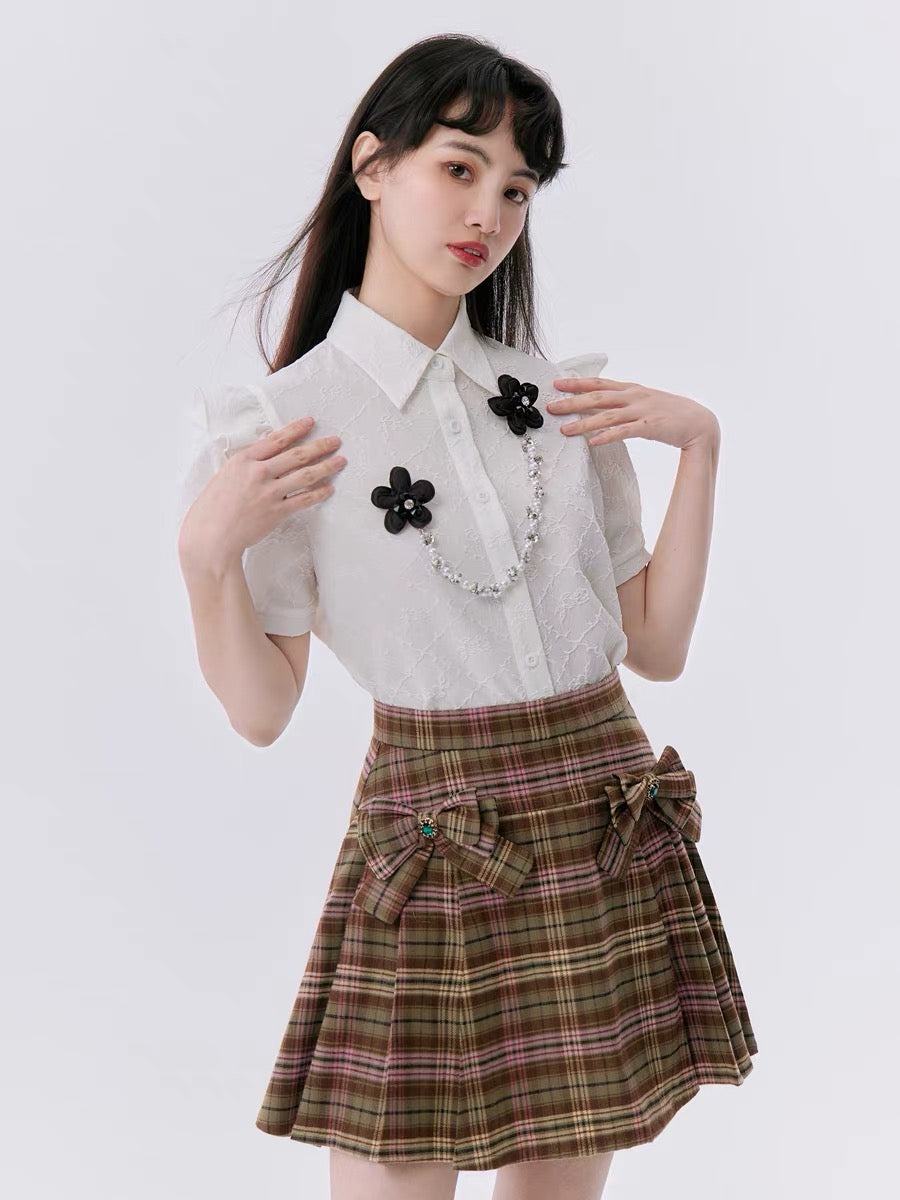 Vintage plaid brown suspender/pleated skirt/short blazer