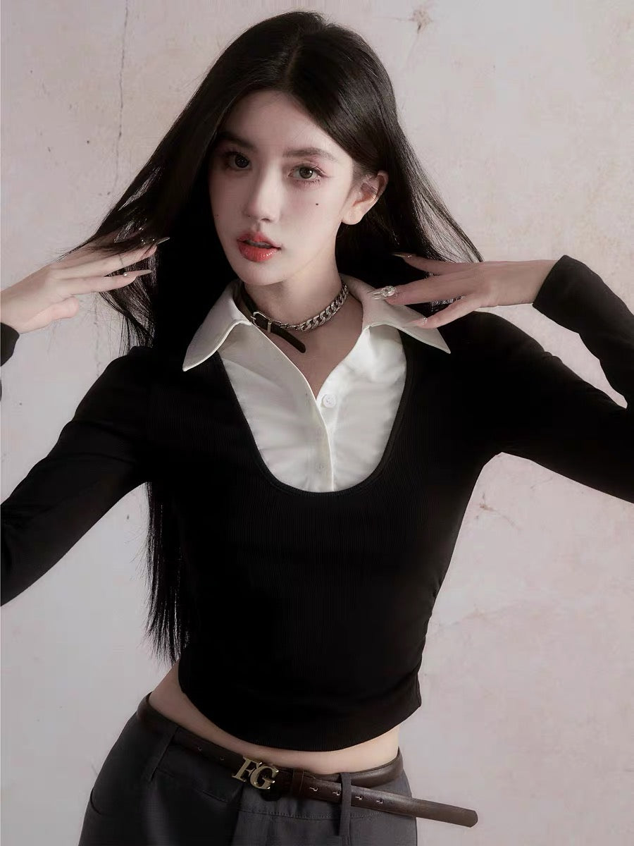 White /Black  collar U-neck bottoming shirt