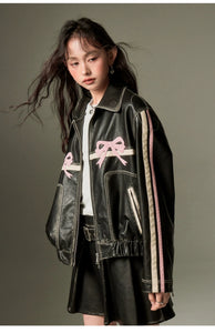 Sweet and Cool Bow Retro Colored Leather Jacket