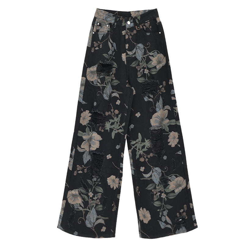 American Retro Flower Printed Wide-Leg Jeans