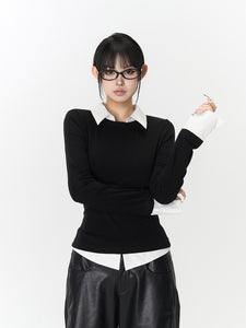 Black and White Basic Shirt Collar Faux Two-Piece