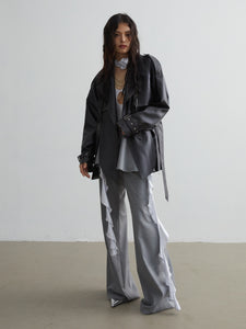 PU Leather Hem Slit Short Jacket Windbreaker