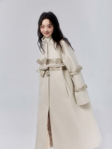 Bowknot Large Button Wool Coat Long Tie-stitching