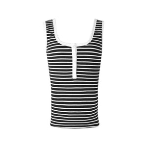 Striped Large U-Neck Buttoned Short Vest