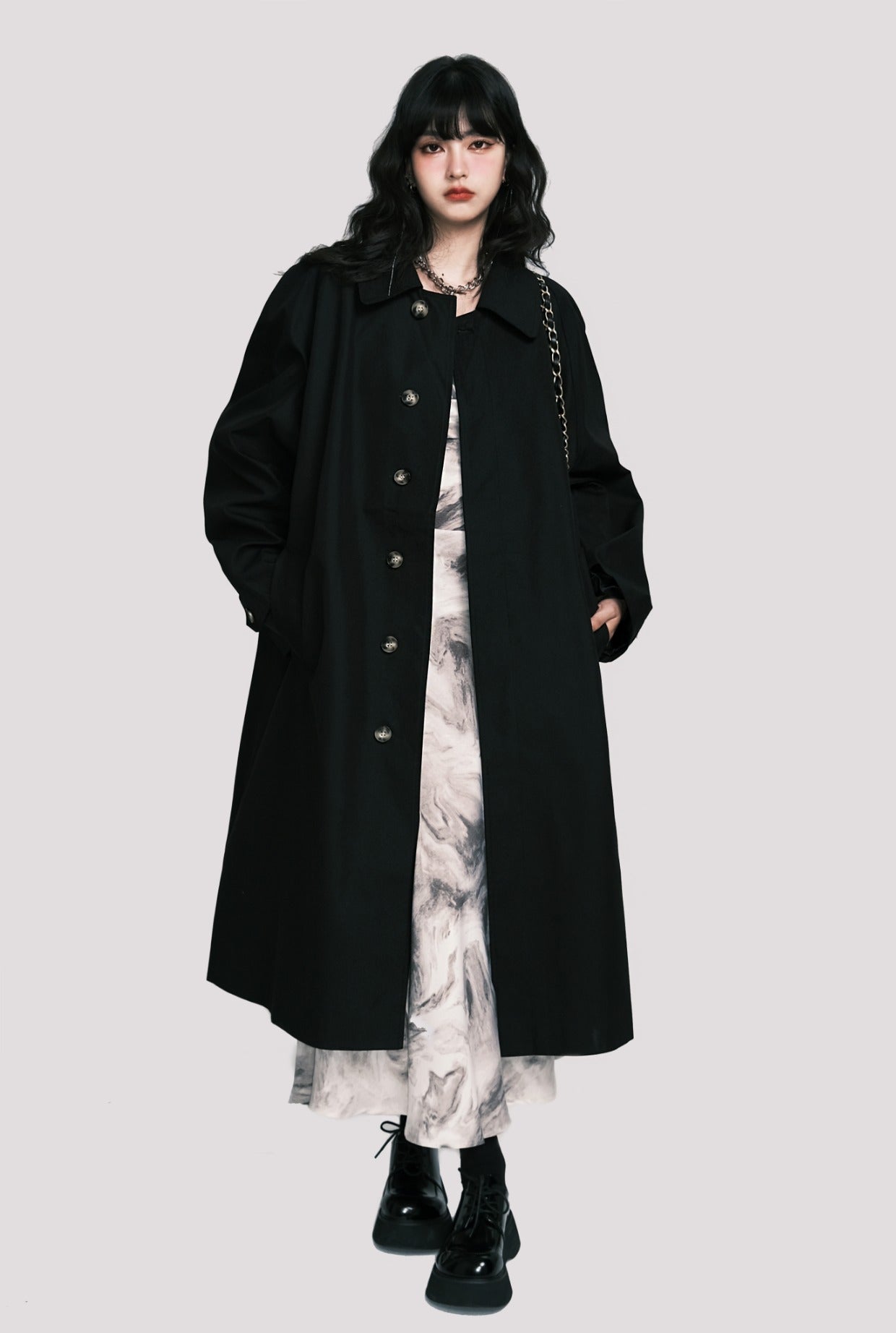 Classic black casual mid-length trench coat Jacket