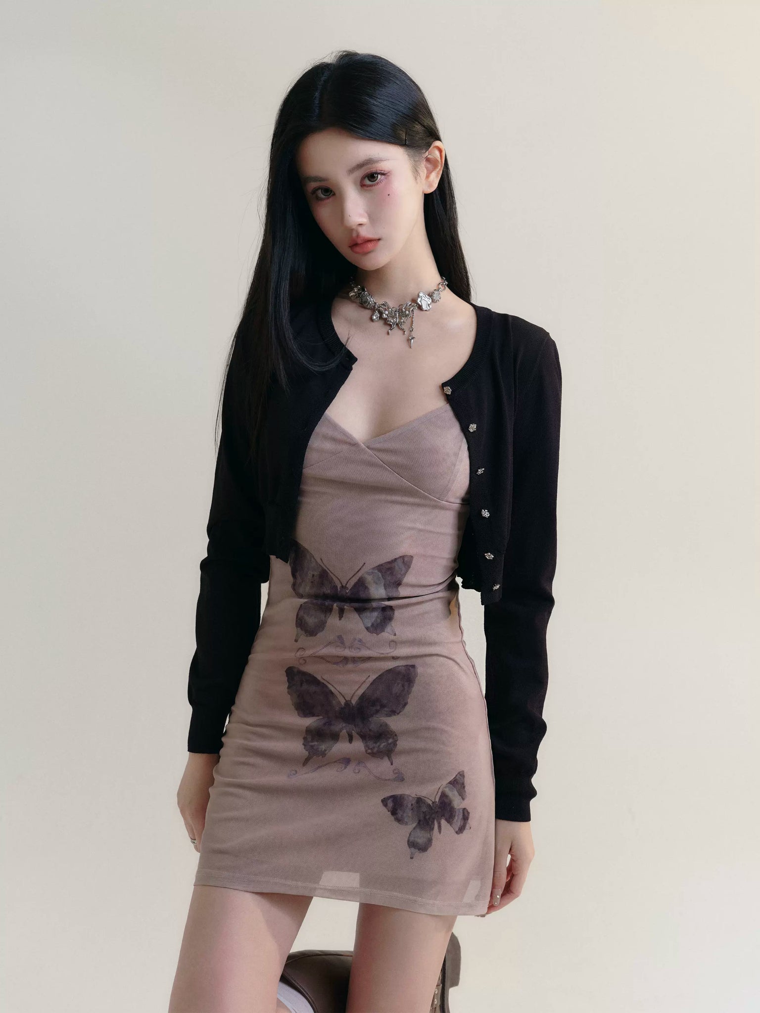 Butterfly print suspender dress