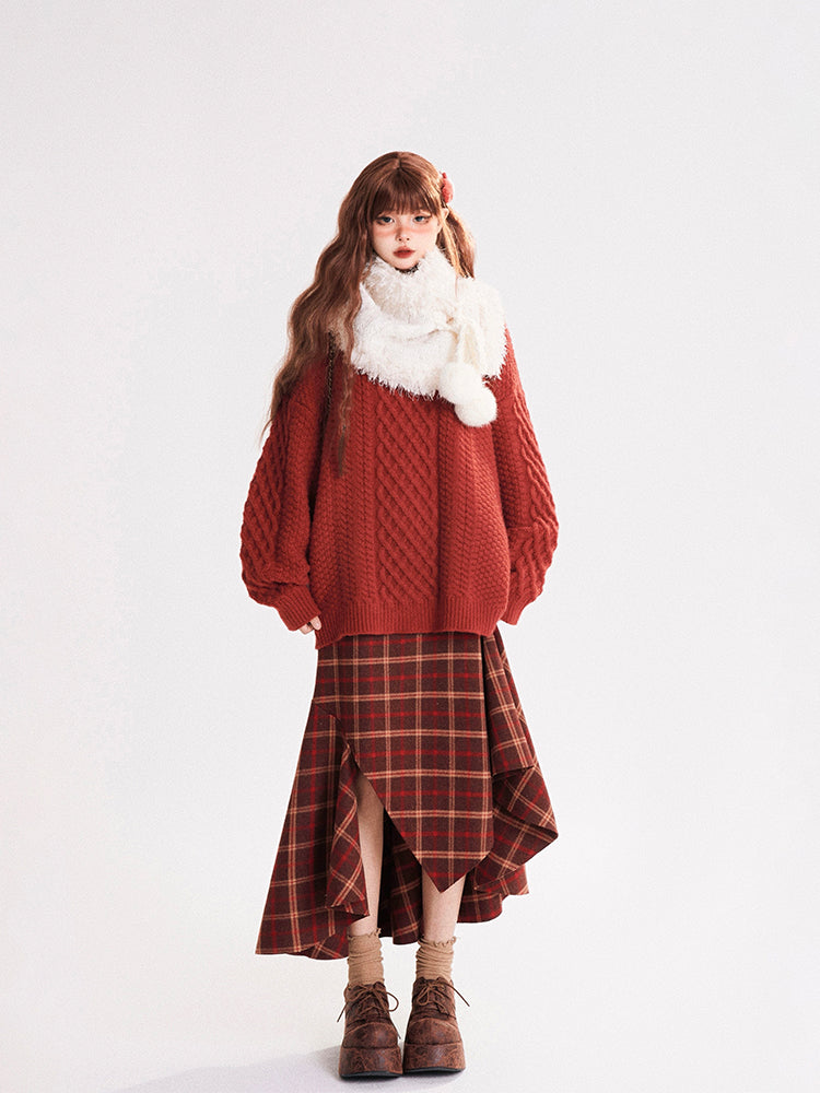 Red checkered Irregular Design Sense A-line Skirt