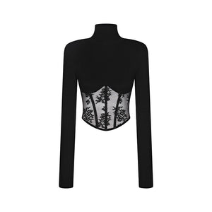 Sexy Lace-Trimmed Cinched Waist Corset Long Sleeve Top