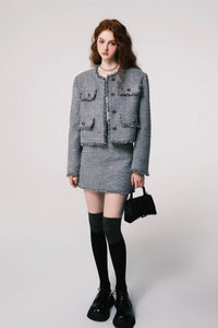 Silver-grey tweed Chanel style high waist mini skirt