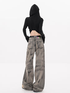 Vintage Wasteland-Style Tie-Dye Wide-Leg Fleece-Lined Jeans