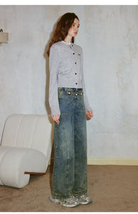 Vintage washed distressed double waist straight jeans high waist loose wide leg trousers