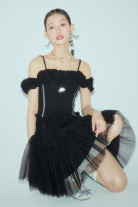 One-shoulder mesh suspender skirt A-line high waist cloud shoulder tutu skirt