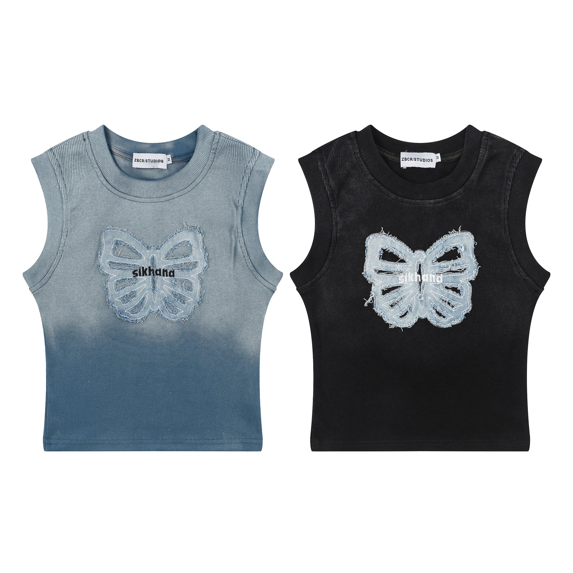 Gradient Washed Butterfly Applique Embroidered Vest