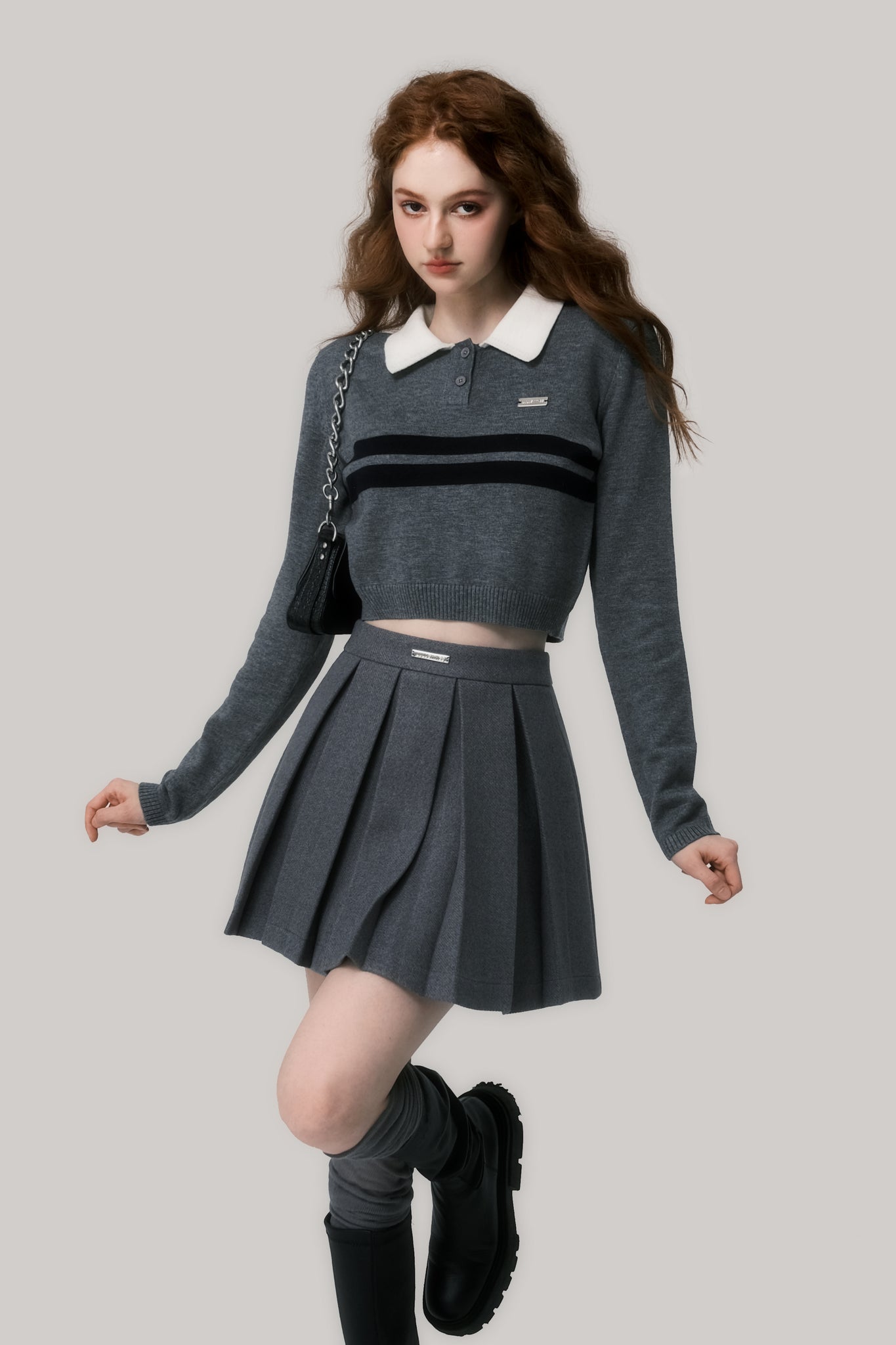 College style polo collar wool sweater cropped sweater contrast color design