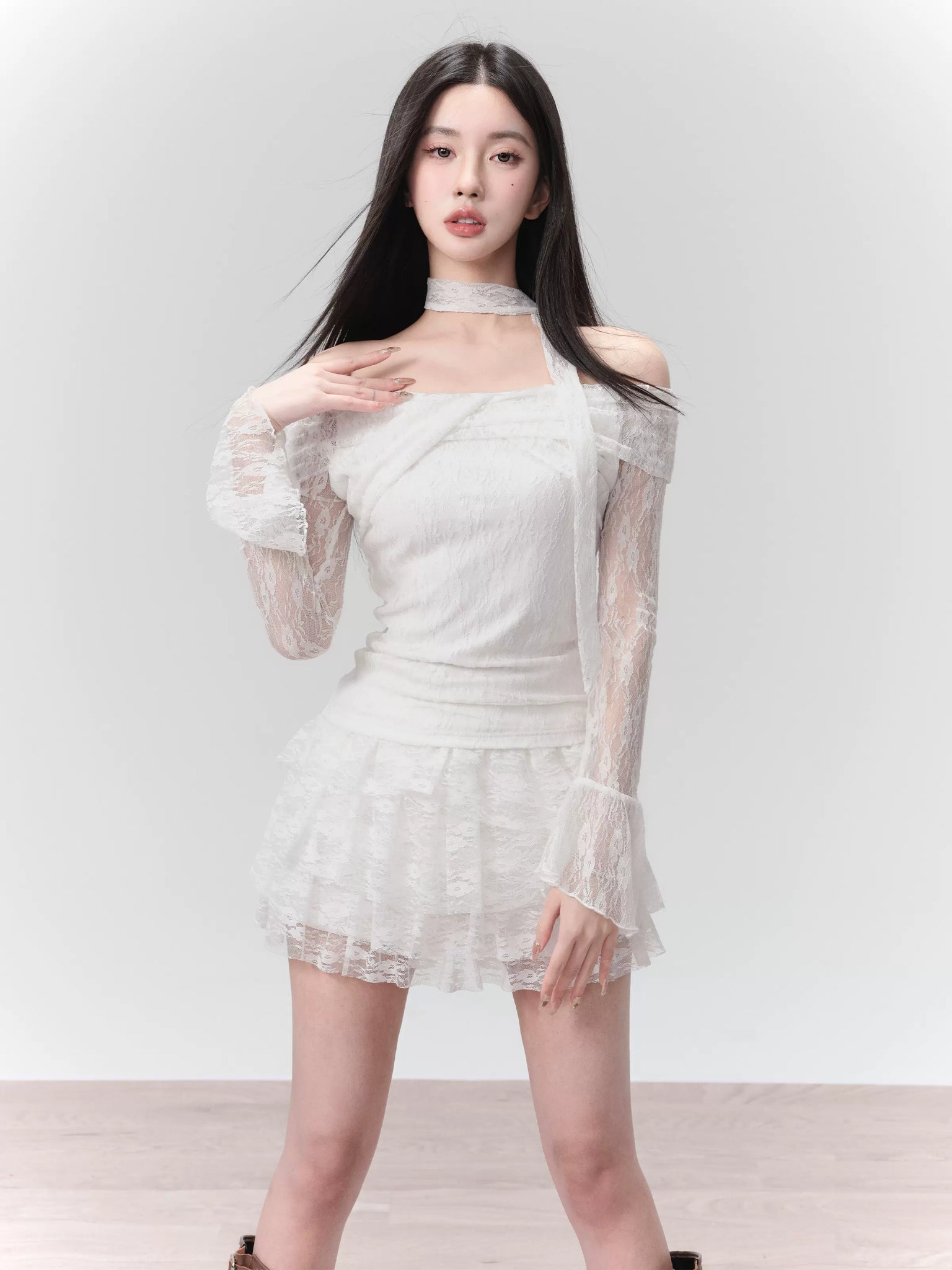 Moonlight Lover White Lace Knitted Off Shoulder Top Set